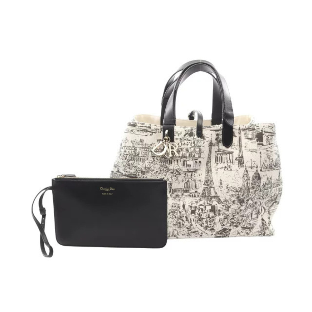 Christian Dior Toujours Tote Bag Canvas Leather Black White